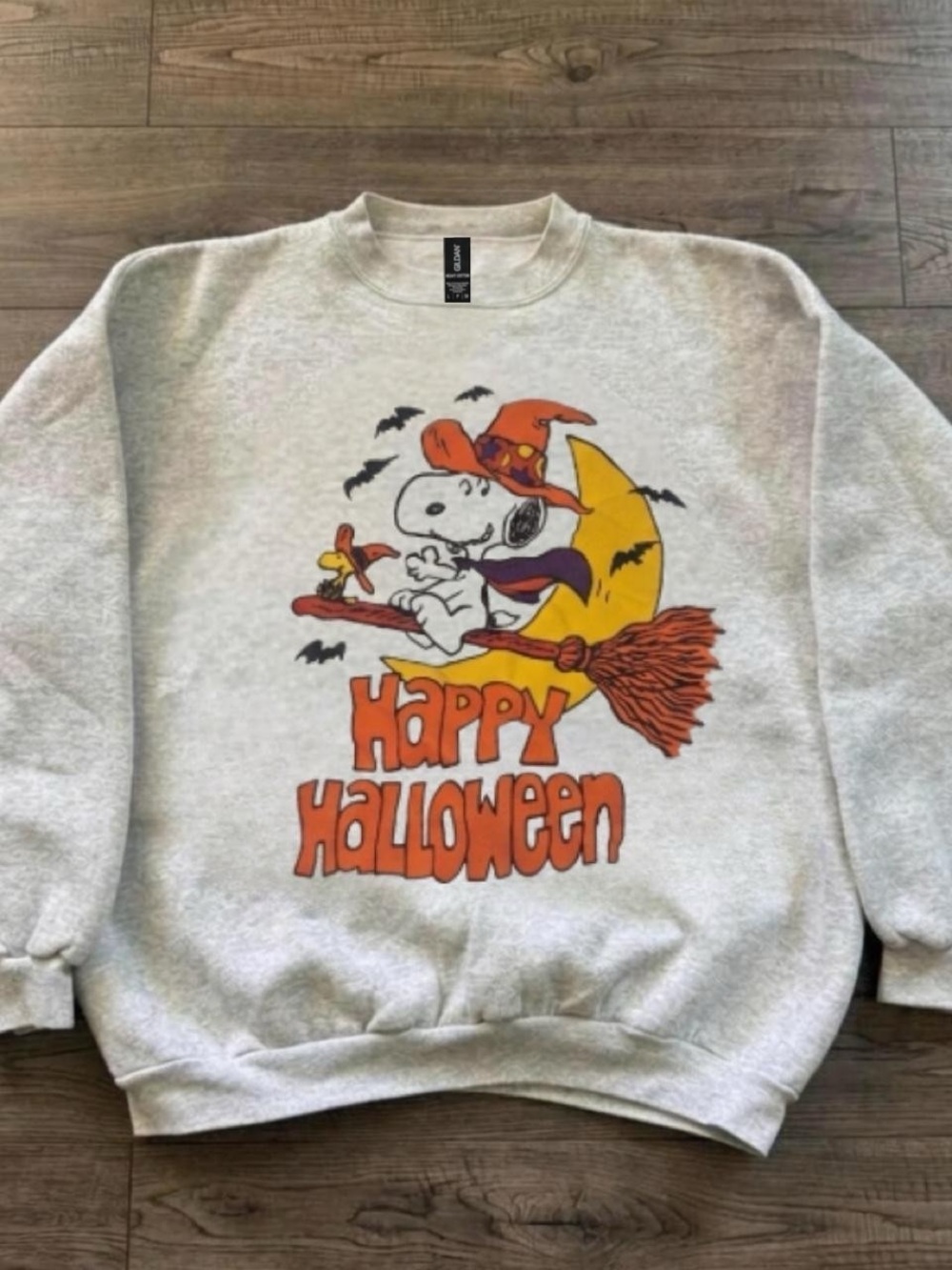 Gildan Light Gray Snoopy Happy Halloween Crewneck Sweatshirt with Orange Graphic